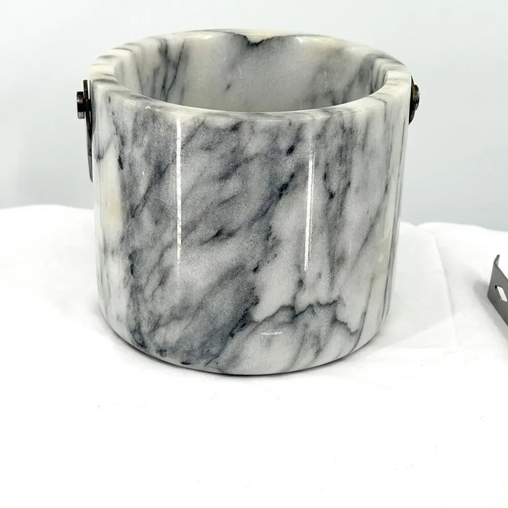 Vintage 70s White Grey Solid Marble Hollywood Regency Heavy Barware Ice Bucket